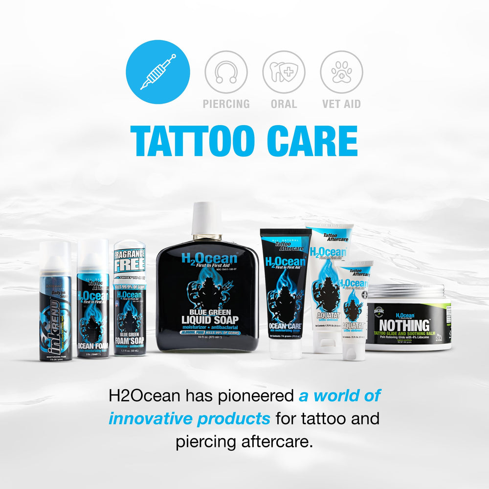 H2Ocean mineral-rich sea salt infusion closeup highlights natural nourishment for tattoo skin.