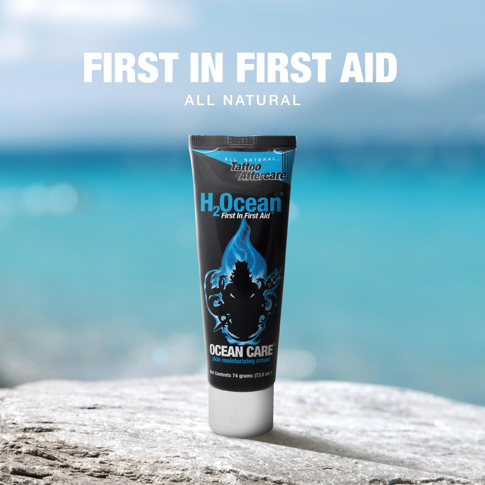 H2Ocean on-the-go 2.5oz tube image emphasizes portable daily tattoo care.
