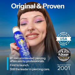 H2Ocean piercing aftercare bottle with non-irritating formula suitable for all skin types.