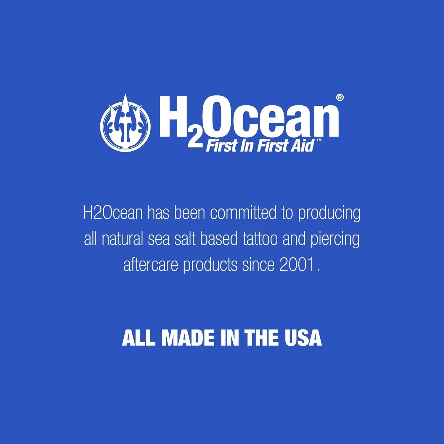 H2Ocean piercing aftercare spray bottle back view highlighting sterile saline formula.