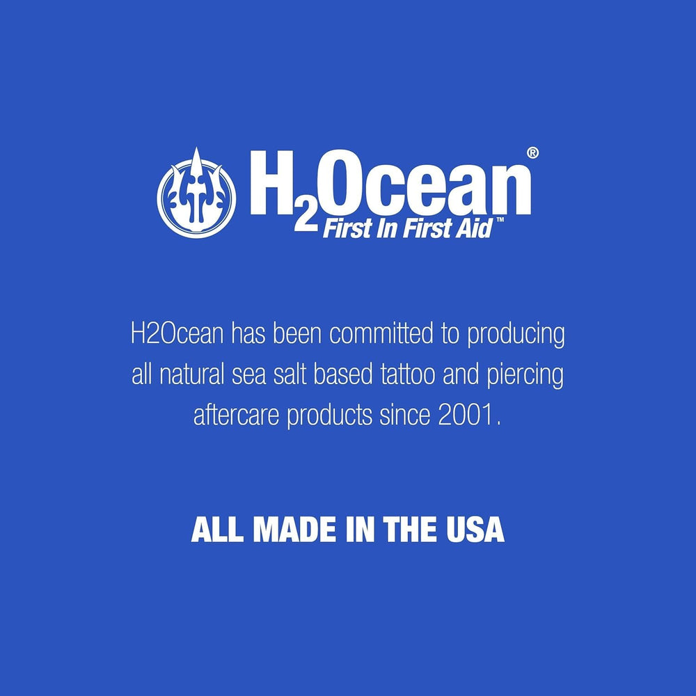 H2Ocean piercing aftercare spray bottle back view highlighting sterile saline formula.