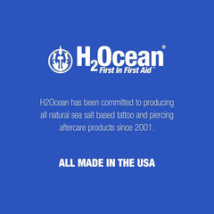 H2Ocean piercing aftercare spray bottle back view highlighting sterile saline formula.