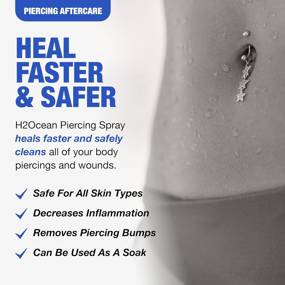 H2Ocean piercing aftercare spray close up of sea salt and lysozyme blend.