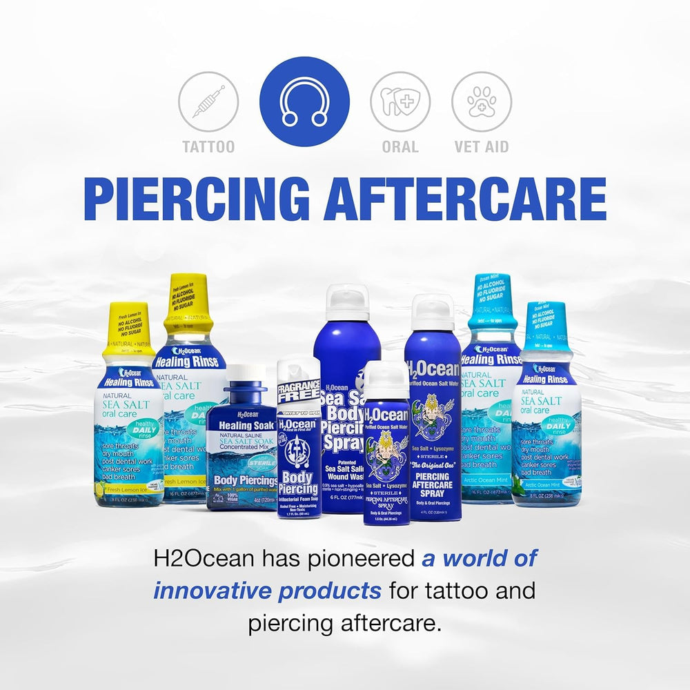 H2Ocean piercing aftercare spray packaging designed for travel and daily use.