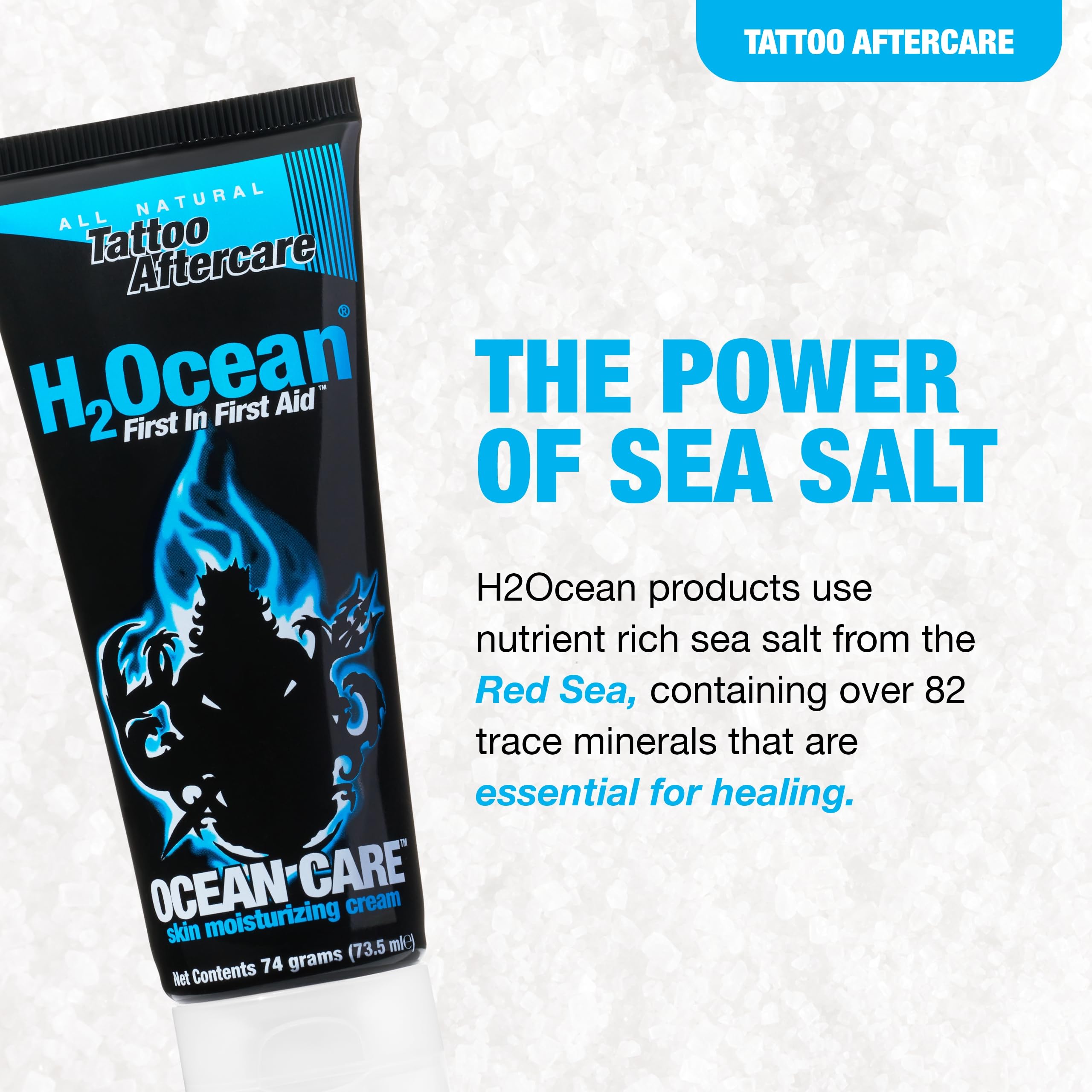 H2Ocean tattoo-aftercare on skin application closeup highlights fast-absorbing formula.