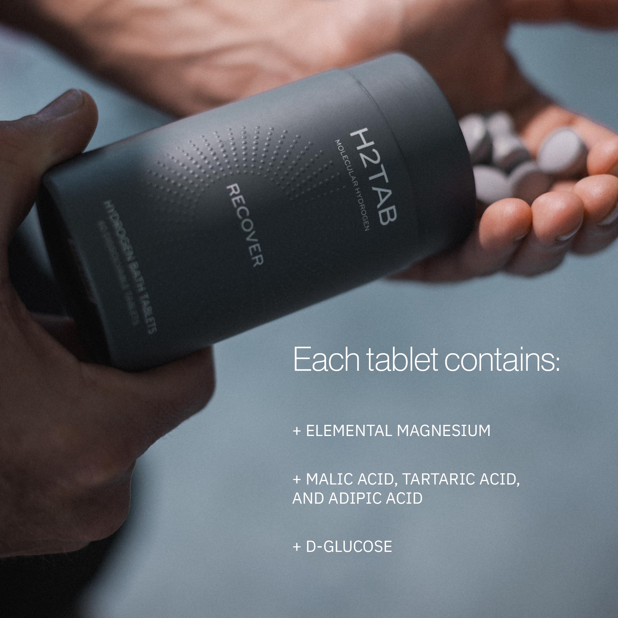 H2TAB full-body soak tablet used for relaxing, targeted relief for hands and feet.