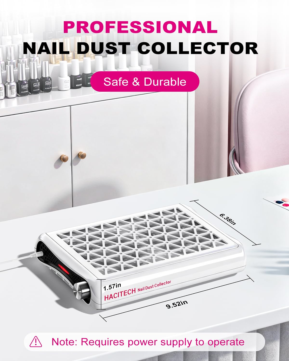 HACITECH Nail Dust Collector in use during manicure for cleaner air.