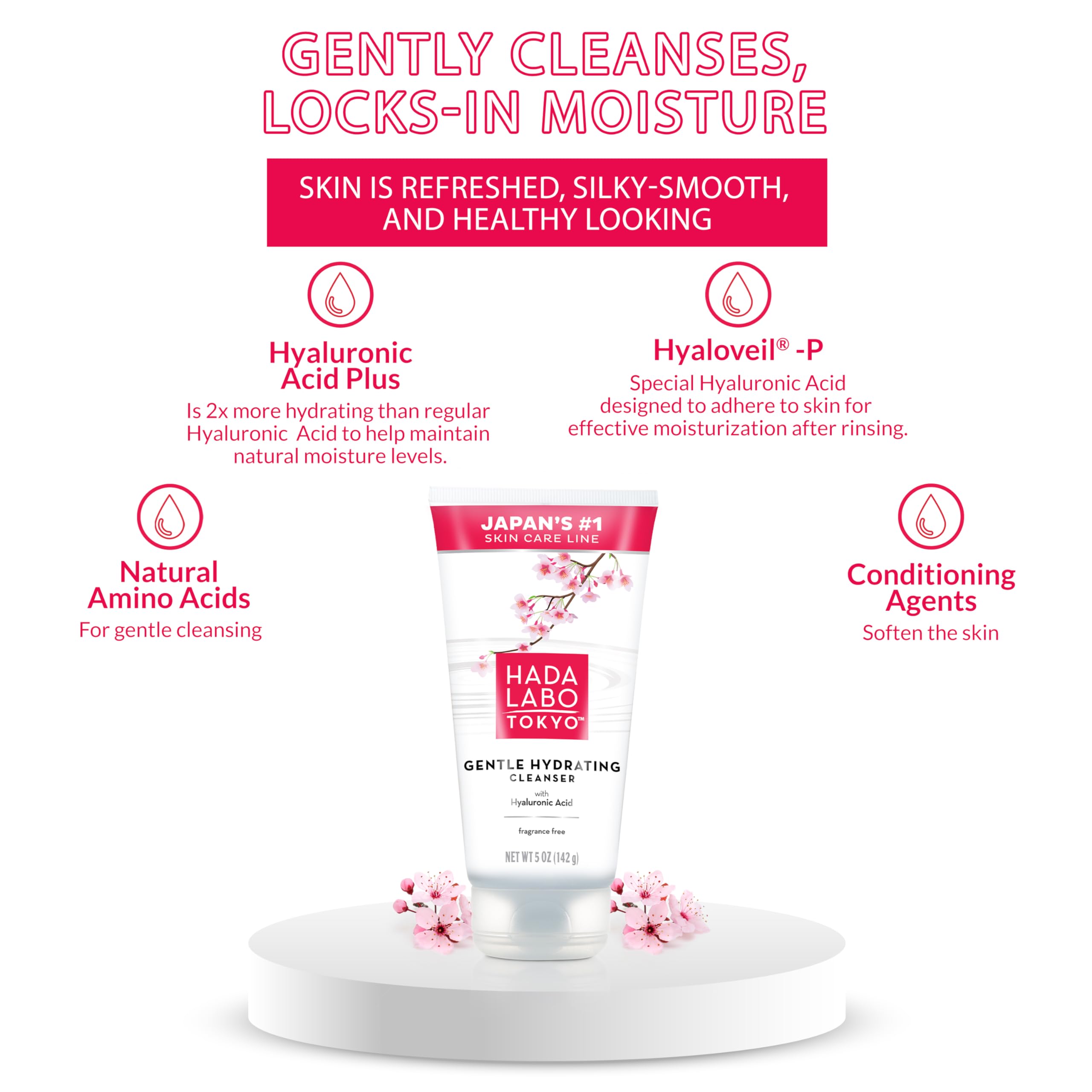 Hada Labo Tokyo Gentle Hydrating Cleanser cream-foam closeup shows silky texture and moisture.
