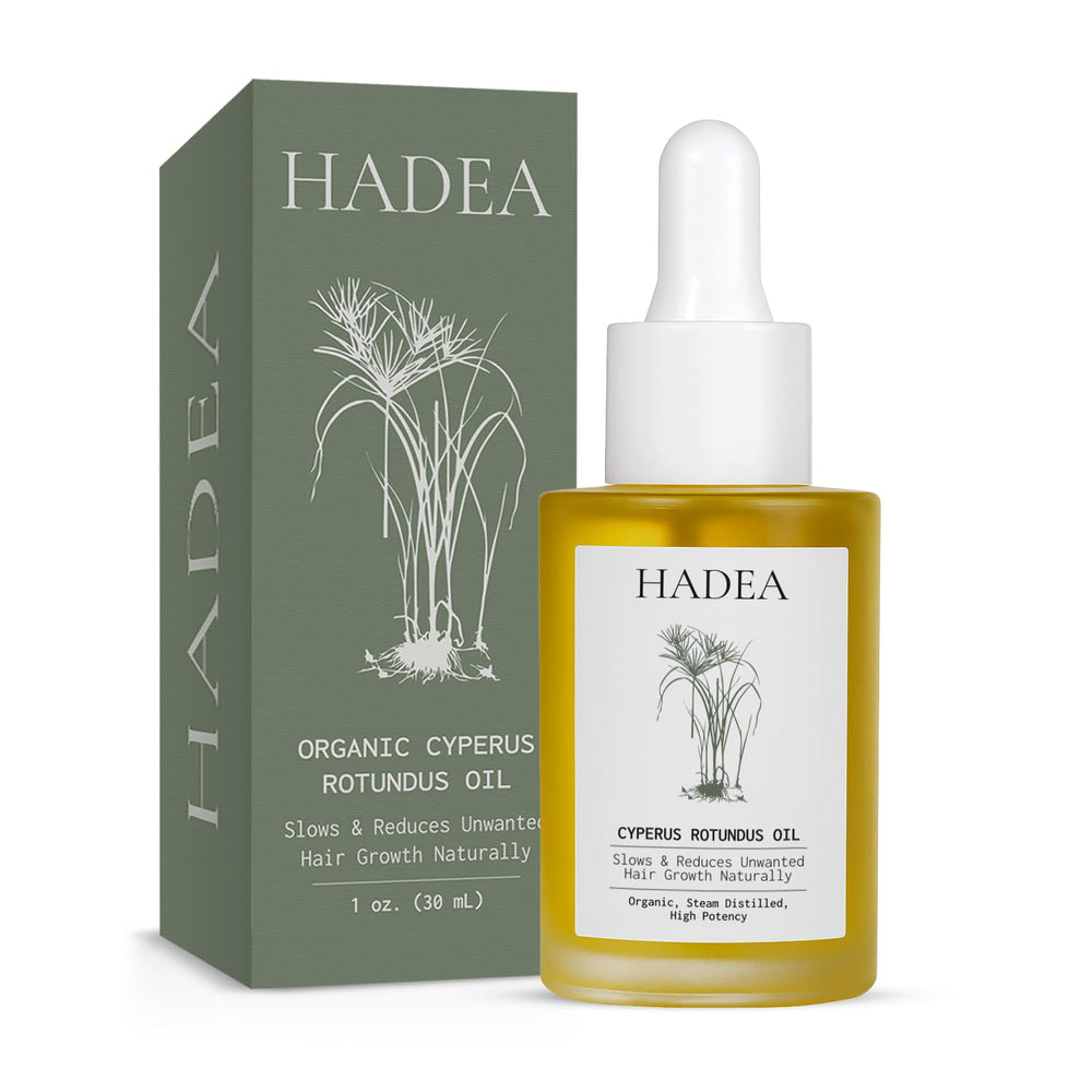 HADEA Cyperus Rotundus Oil bottle closeup highlights organic formula for sensitive skin.