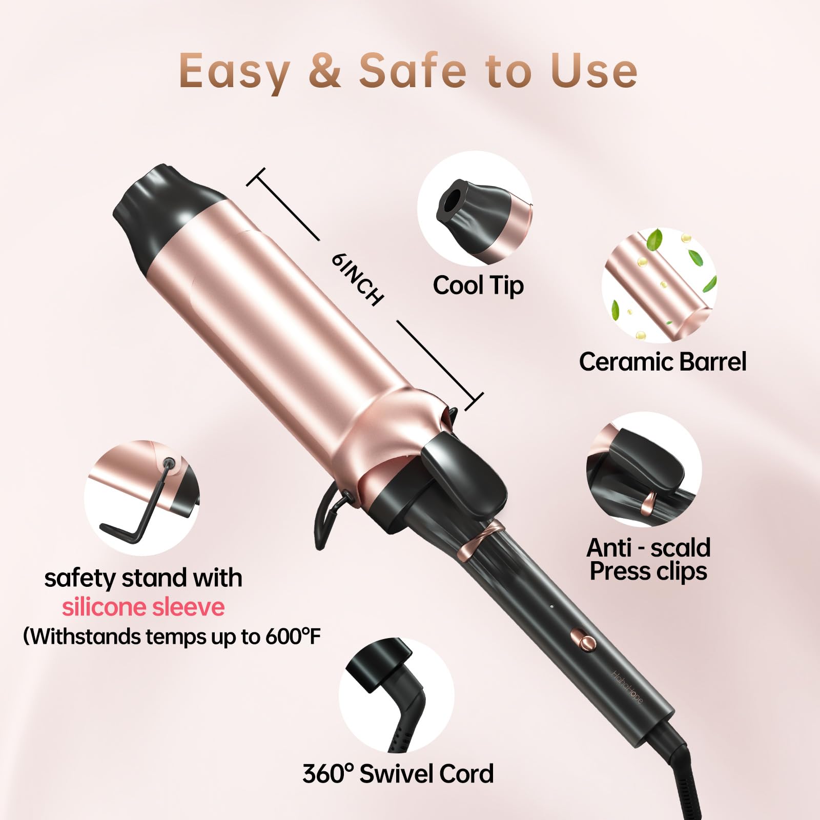 Hahahope curling iron with long cord providing flexible styling away from outlets.
