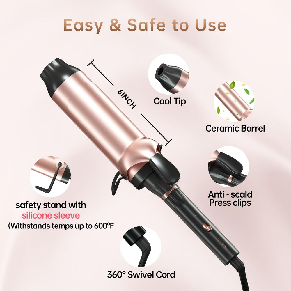 Hahahope curling iron with long cord providing flexible styling away from outlets.