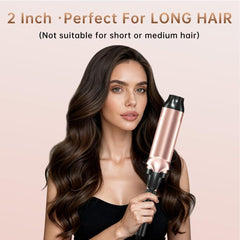 Hahahope curling iron on long hair in use creating voluminous waves in one pass.