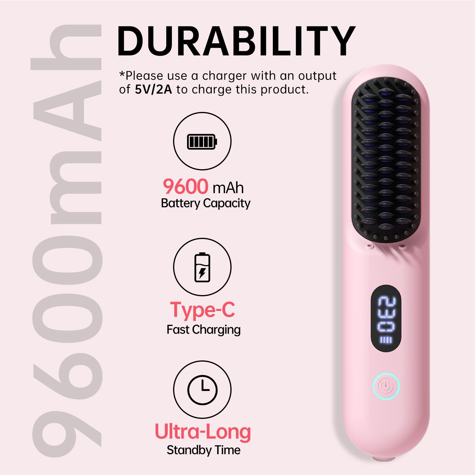 Hahahope cordless hair straightener brush pink battery-9600mah for long runtime