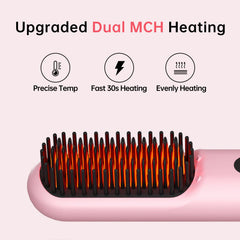 Hahahope cordless hair straightener brush pink nano-ceramic coating for even heat