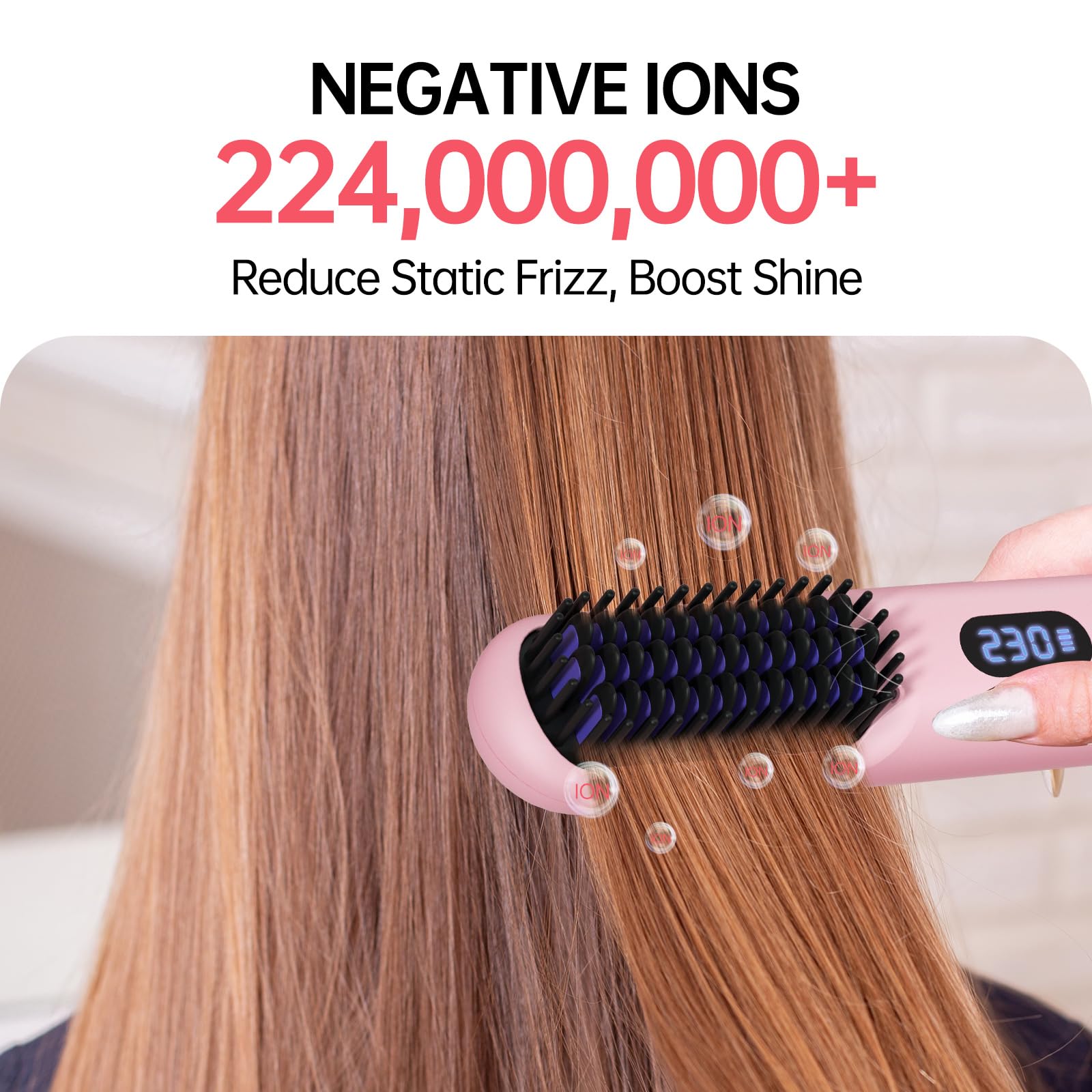 Hahahope cordless hair straightener brush pink 224m negative-ions for frizz reduction