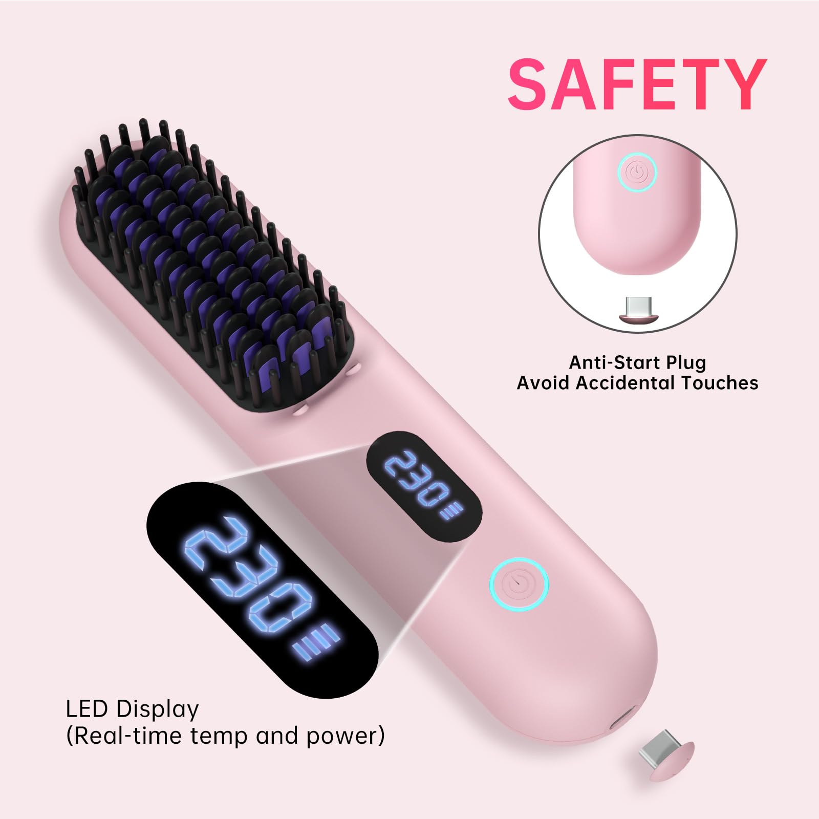 Hahahope cordless hair straightener brush pink nine-temperatures for versatile looks