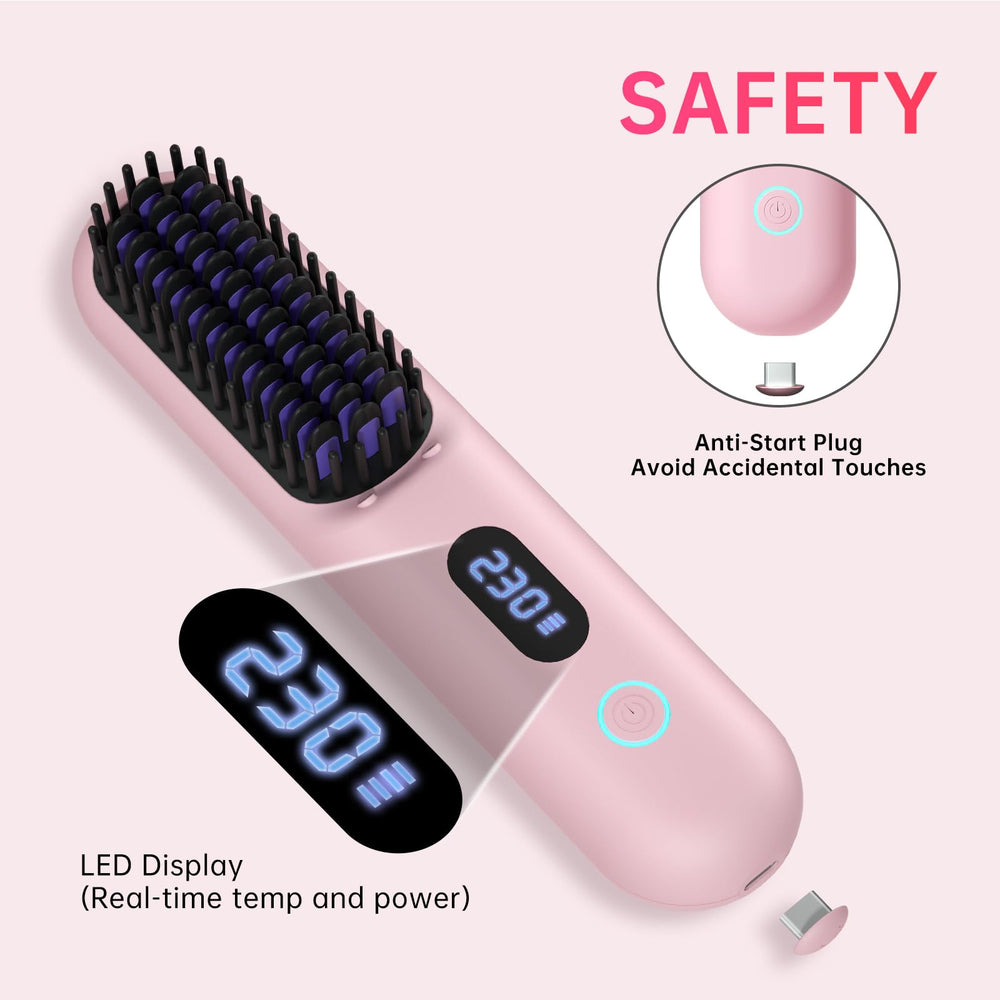 Hahahope cordless hair straightener brush pink nine-temperatures for versatile looks