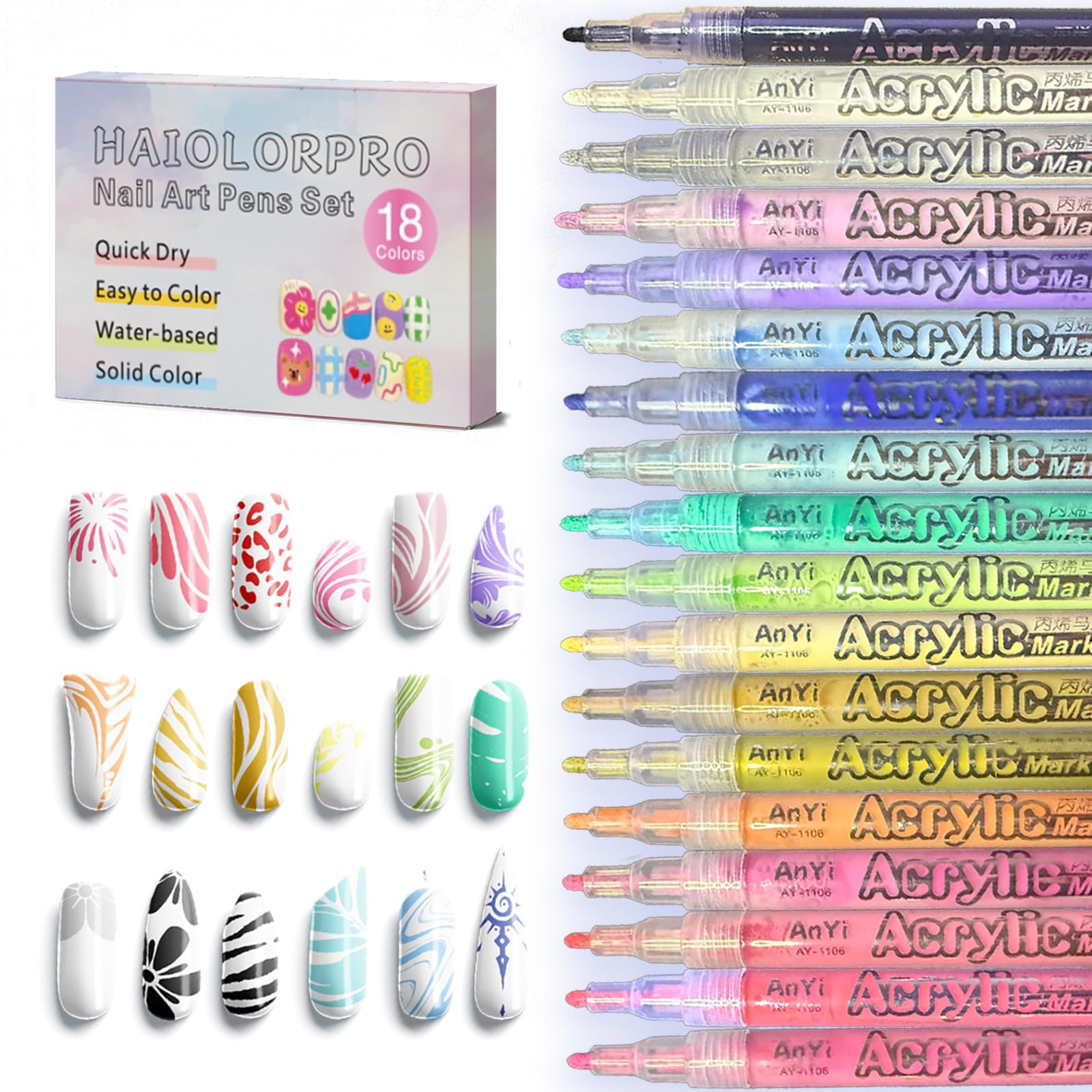 HAIOLORPRO 18-color swatches for creative nail art ideas.