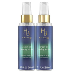Hair Biology Argan Oil Taming Serum bottle shows lightweight frizz control and shine
