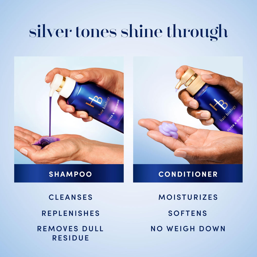 Hair Biology Grey hair brass-neutralization shot featuring purple shampoo