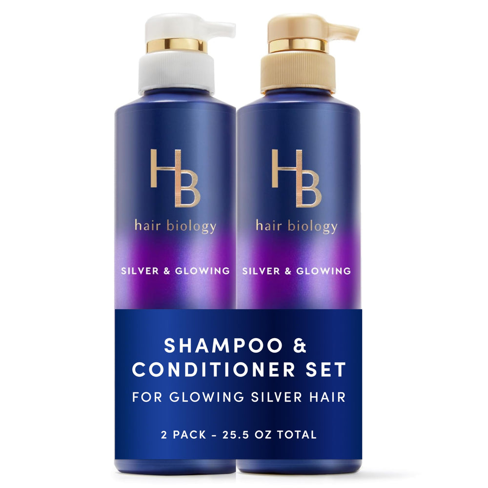 Hair Biology Silver Shampoo bottle front shows anti-brass formula for grey hair