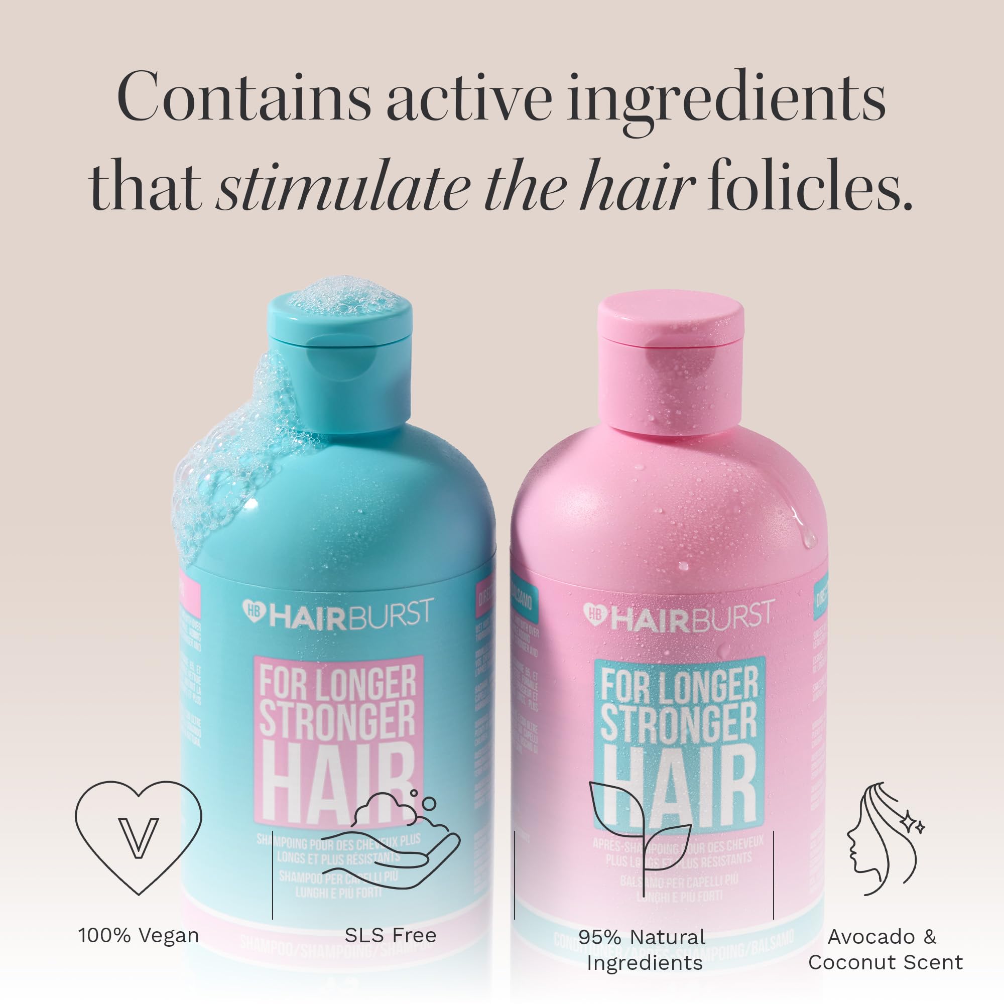 HAIR BURST conditioner bottle closeup emphasizes vegan formula for strong, nourished hair