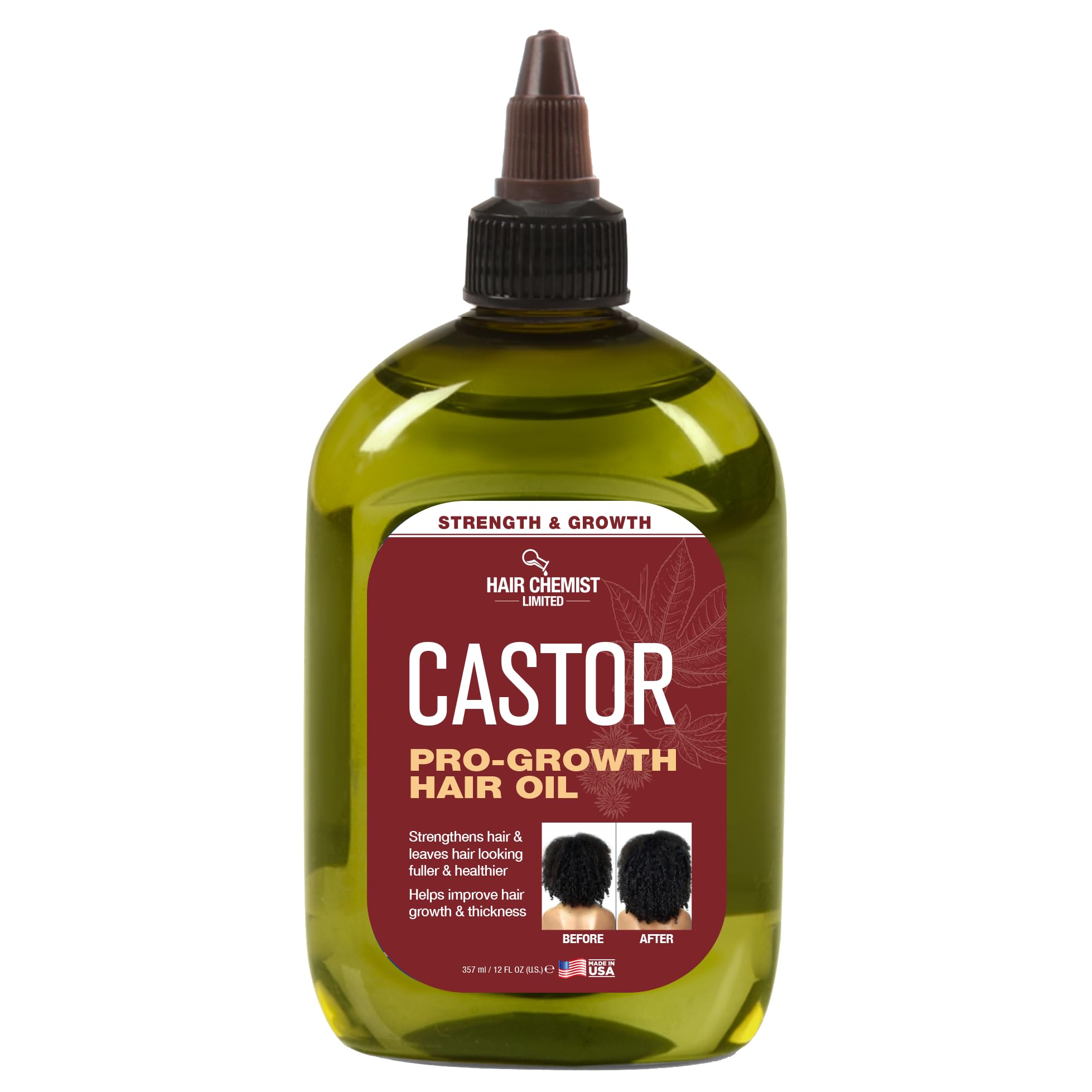 Hair Chemist Pro-Growth castor oil bottle 12oz suggests nourishing scalp care.