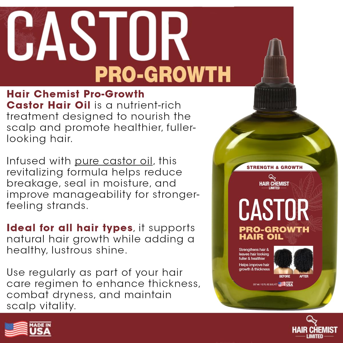 Hair Chemist Pro-Growth castor oil close-up reveals rich moisturizing texture.