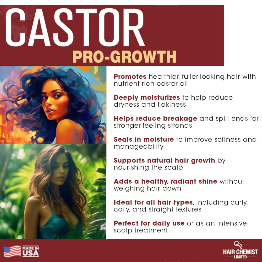 Hair Chemist Pro-Growth ingredients highlight pure castor oil benefits.
