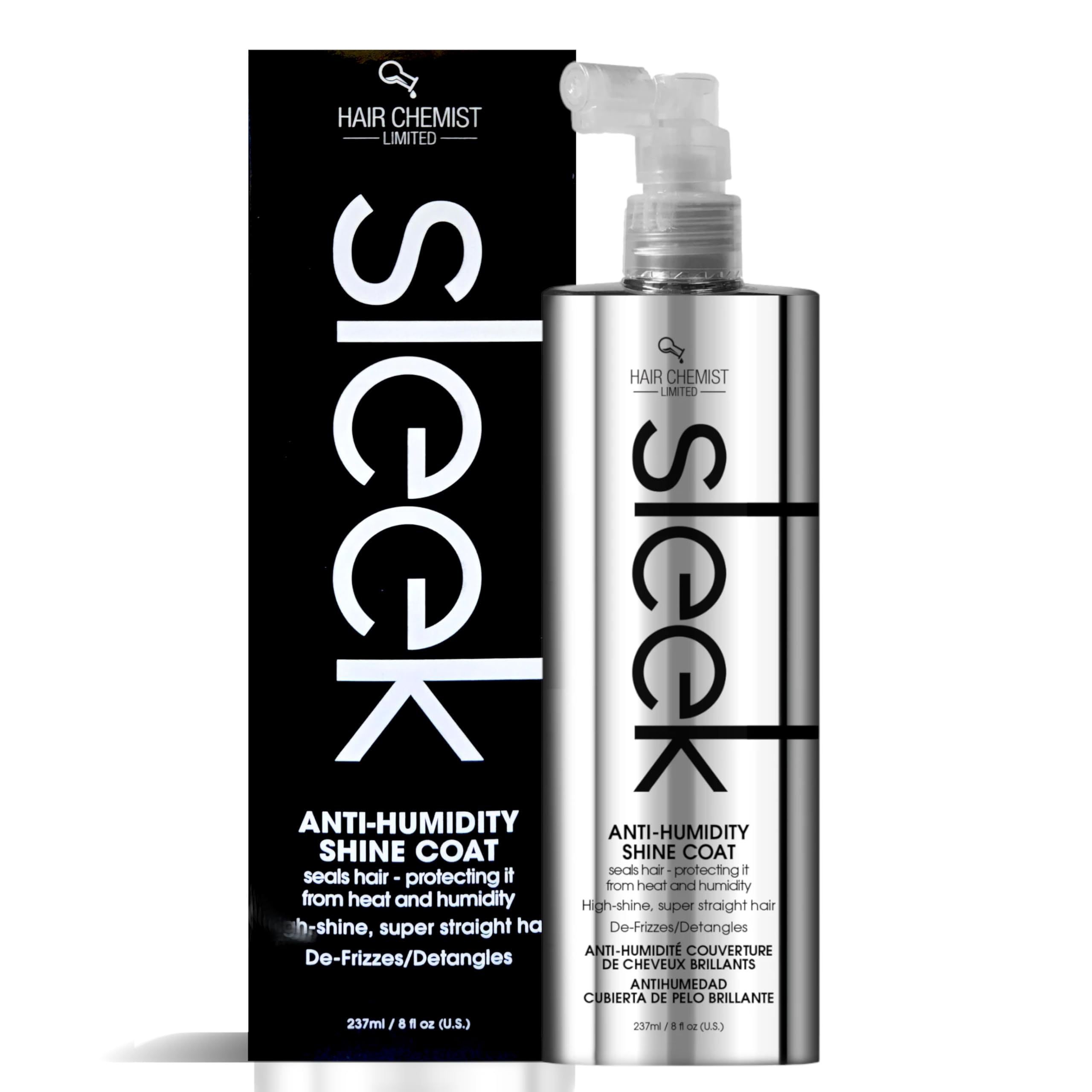 Hair Chemist SLEEK anti-humidity bottle-pour demonstrates easy application for frizz control