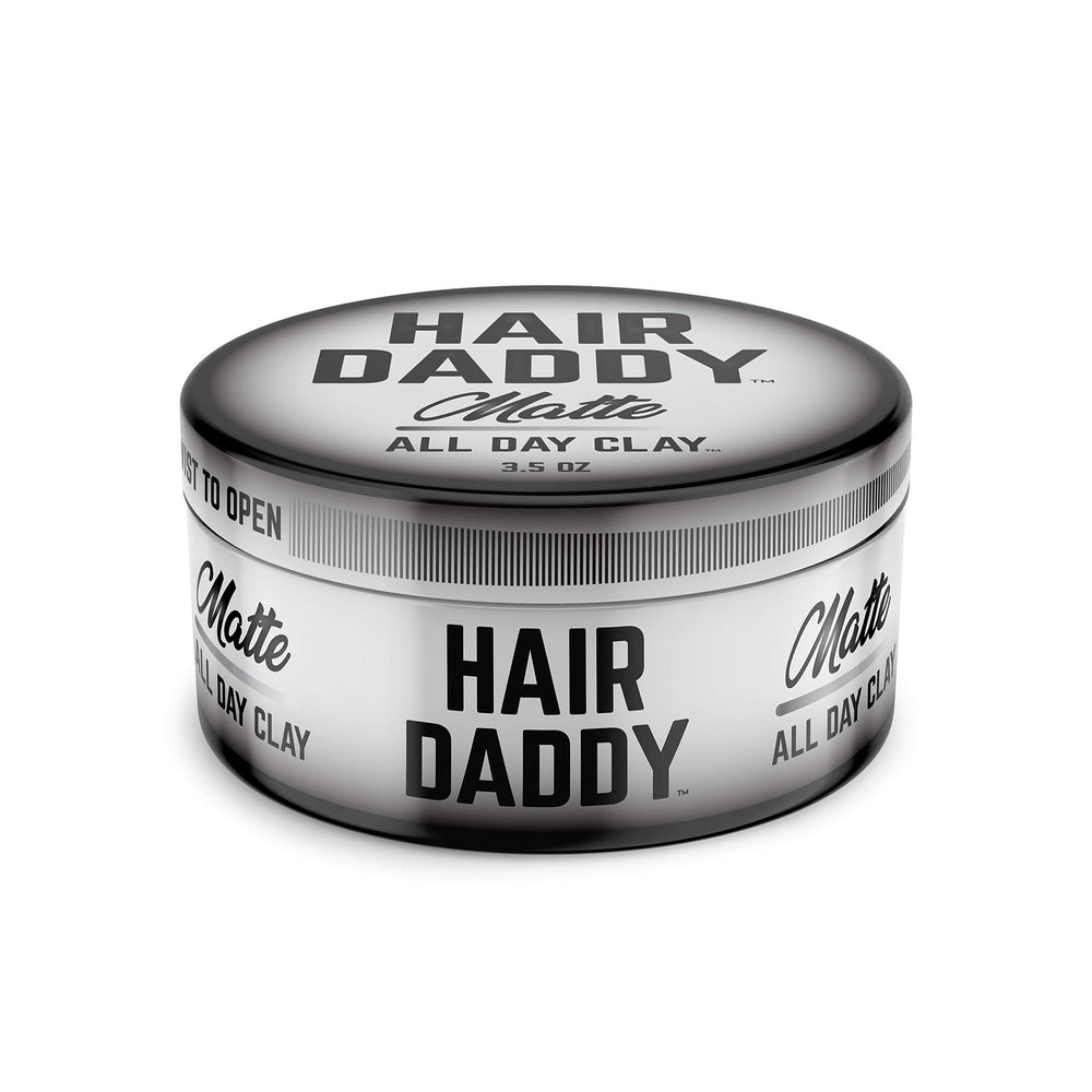 Hair Daddy styling clay all hair types visual suggests versatile texture for many styles.