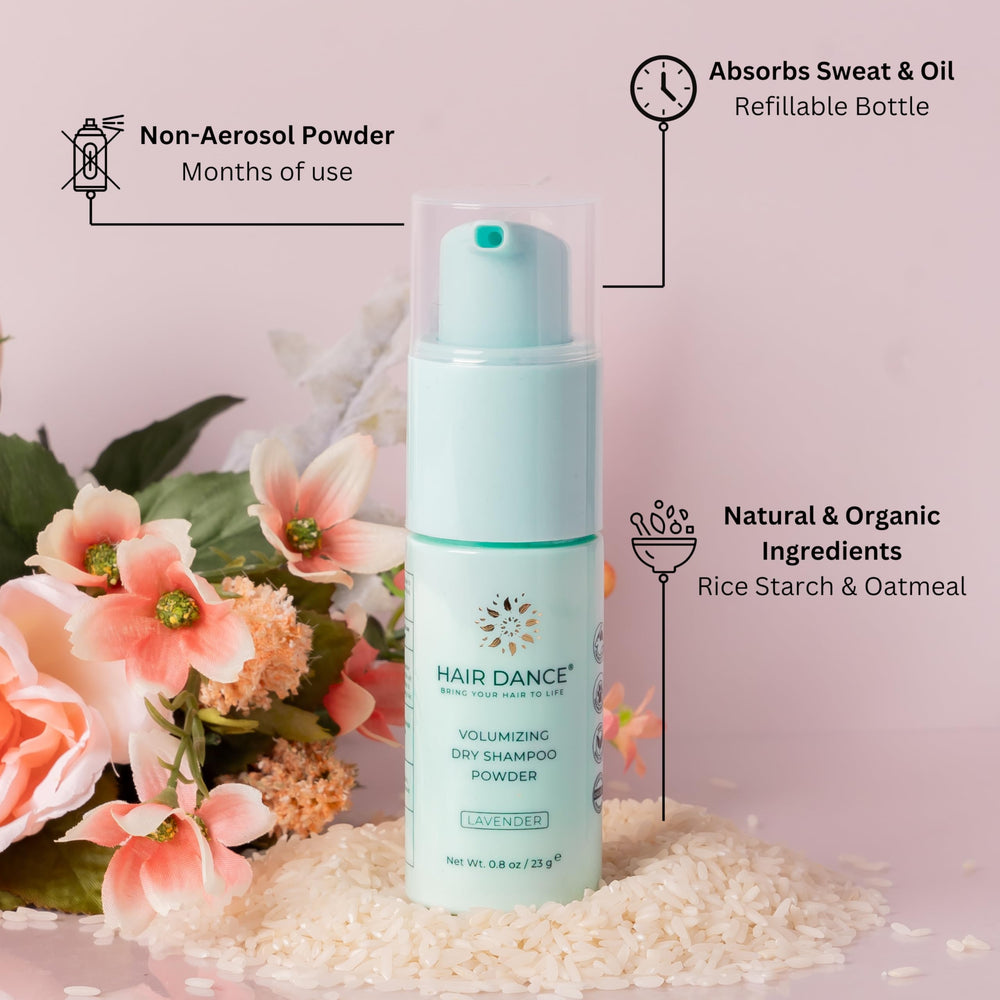 Hair Dance dry shampoo powder application shows easy on-the-go styling and oil absorption.