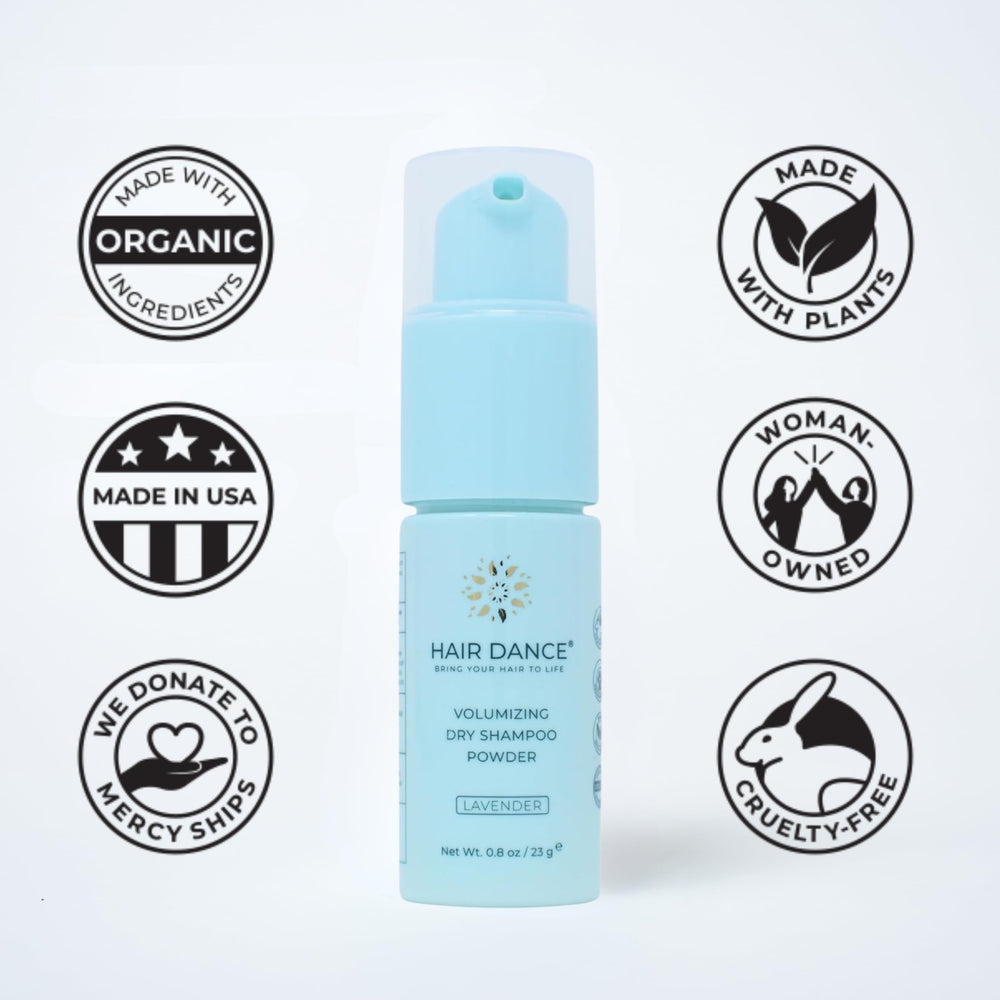 Hair Dance dry shampoo powder volume boost for styled hair after workouts.