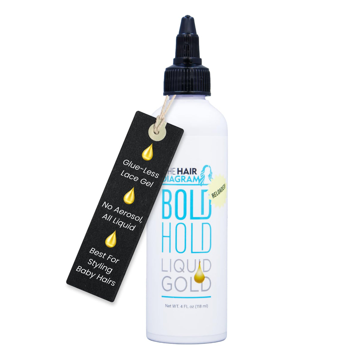 The Hair Diagram Bold Hold Liquid Gold bottle demonstrates quick-dry, water-based temporary hold.