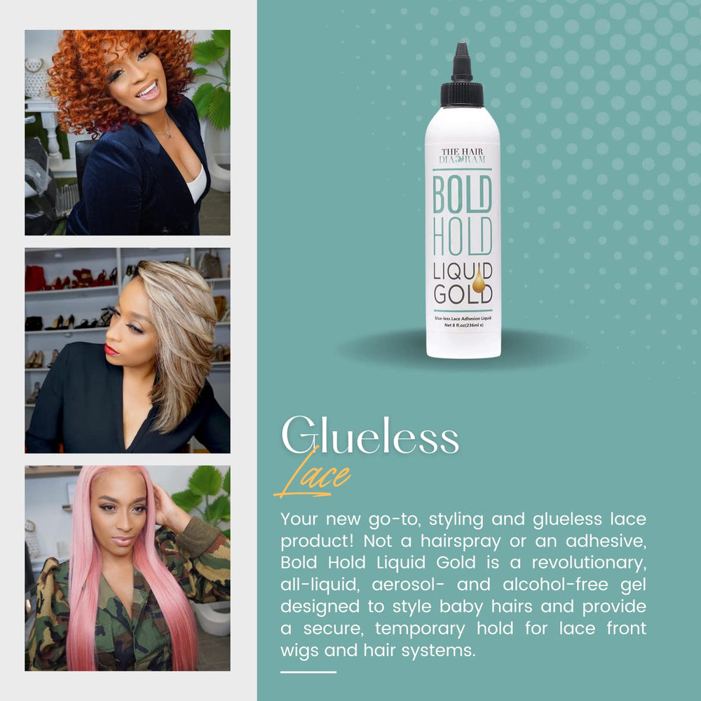The Hair Diagram Lace-front wig setup using Bold Hold Liquid Gold demonstrates easy, removable styling.