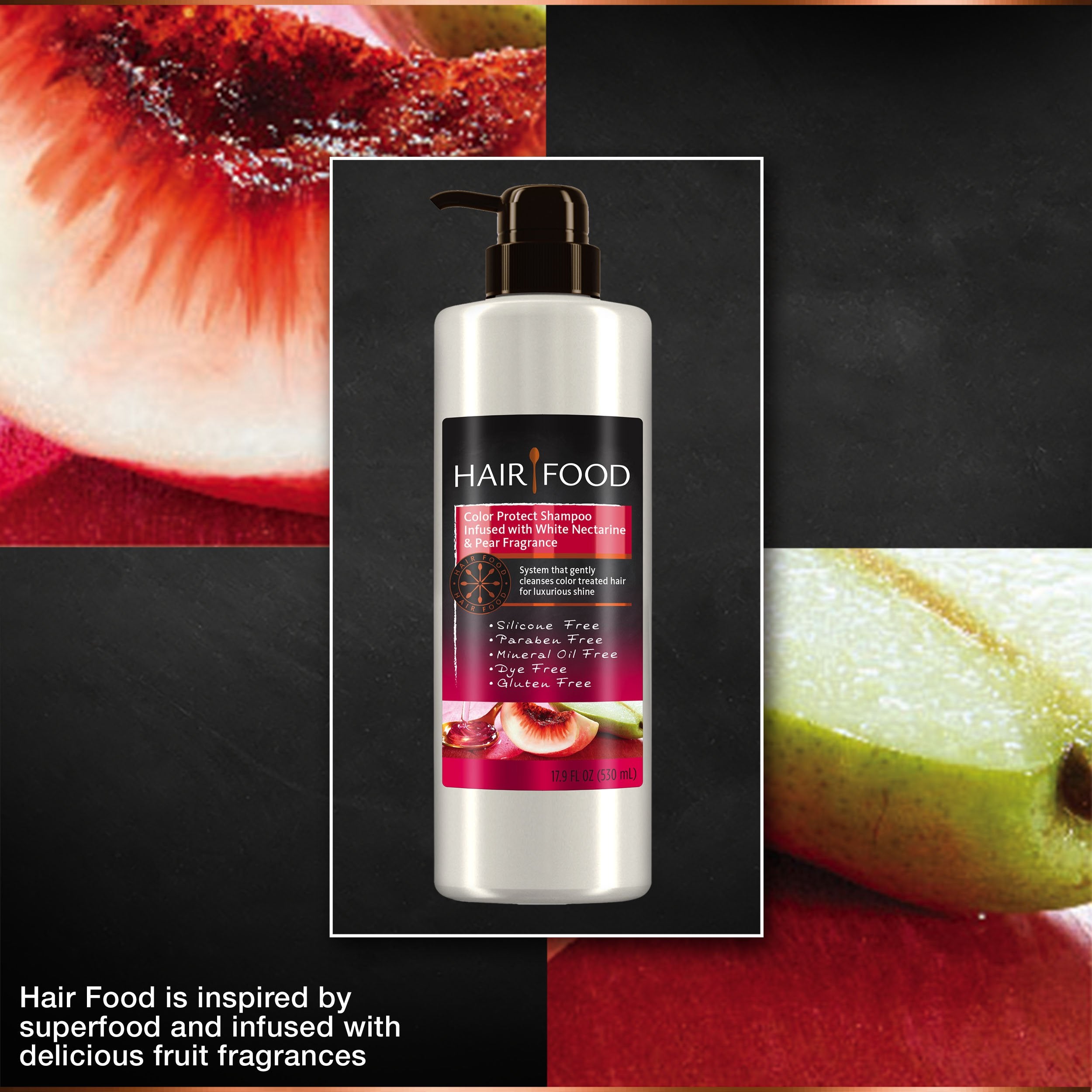 Hair Food color protect shampoo pour closeup shows nourishing cleansing experience.