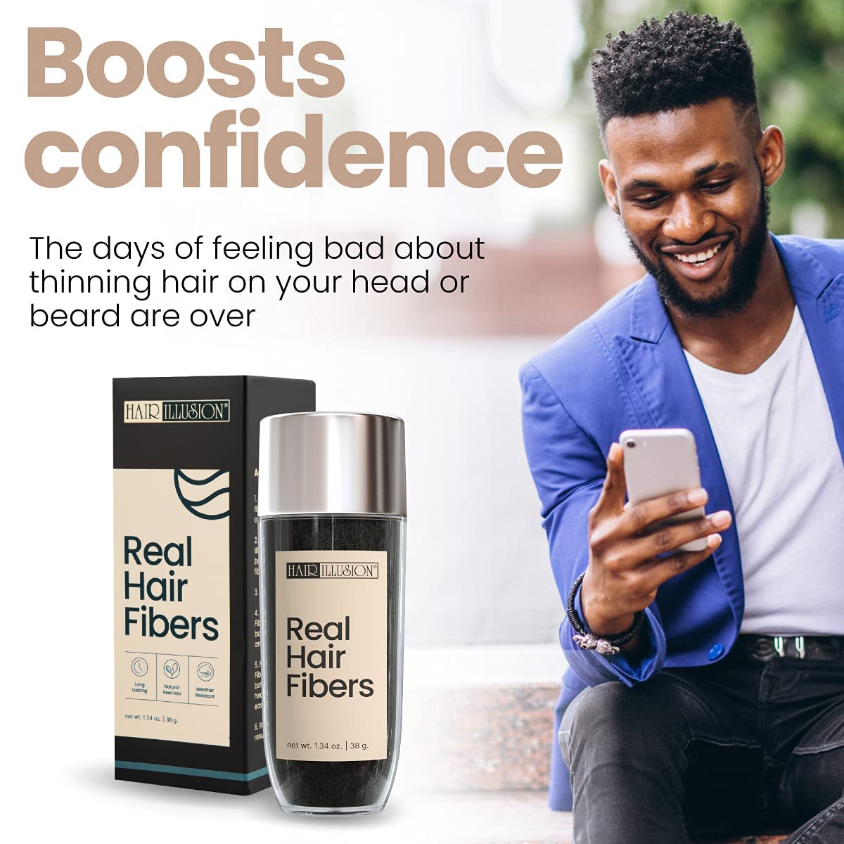 Hair Illusion application of fibers dusting on scalp for easy, instant fullness