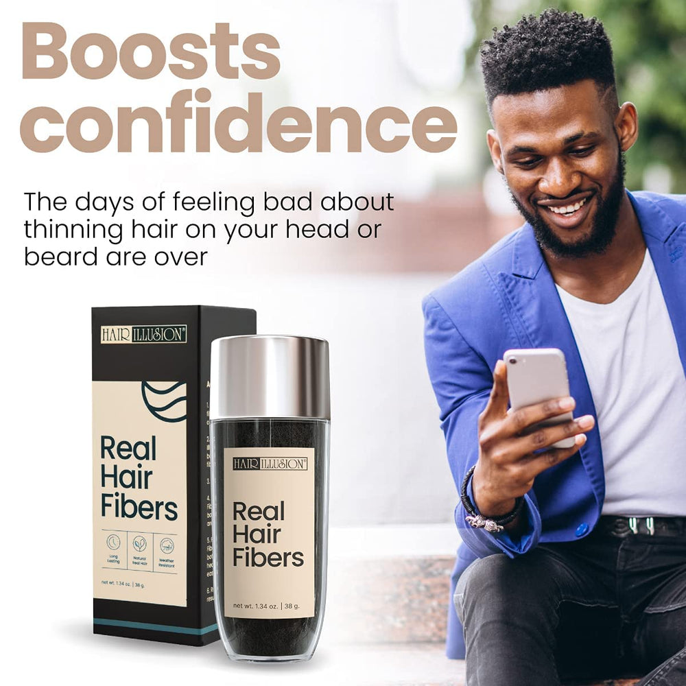 Hair Illusion application of fibers dusting on scalp for easy, instant fullness