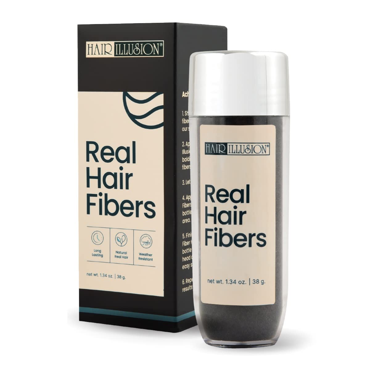 Hair Illusion Black Real Hair Fibers bottle close-up showing natural color match and fuller look