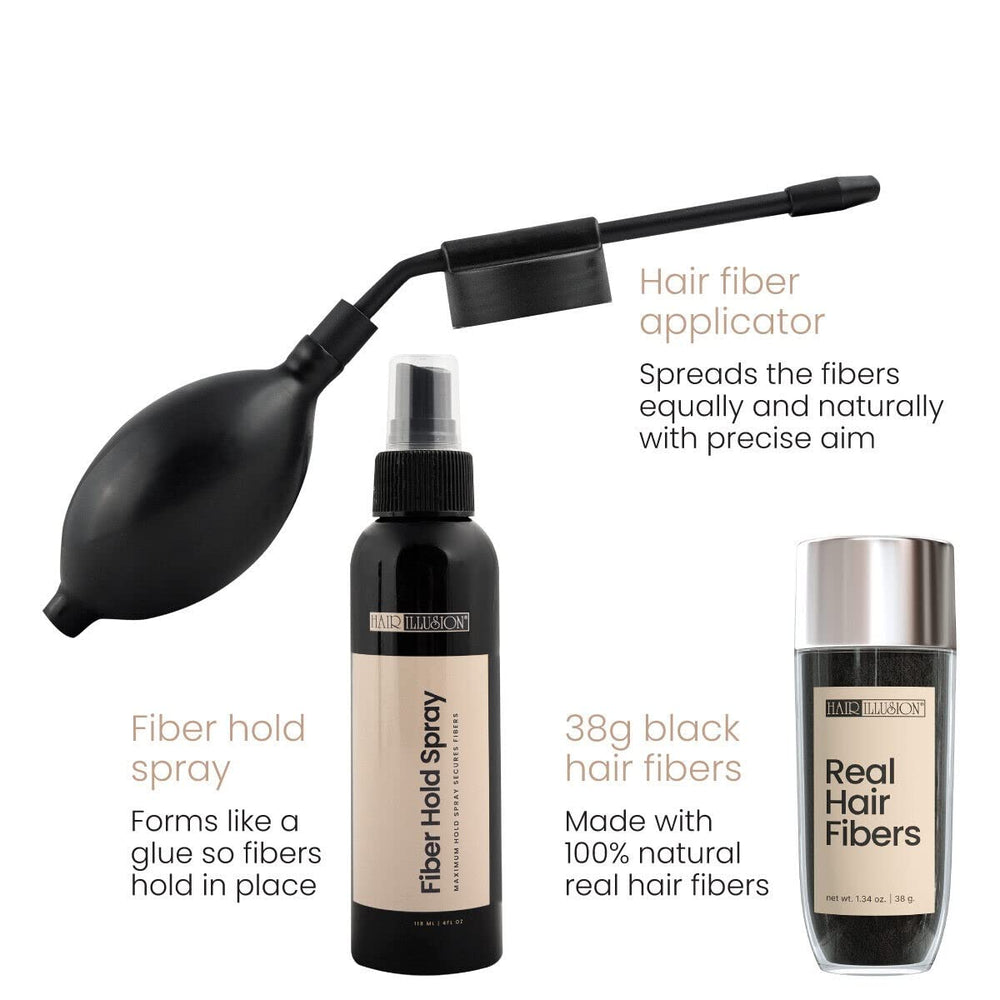 Hair Illusion natural fibers blend with hair for undetectable coverage