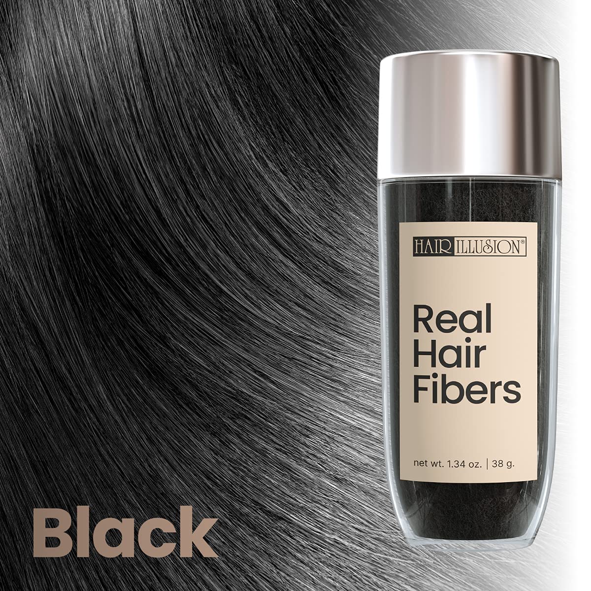 Hair Illusion 38g fibers close-up in black combo kit for natural coverage