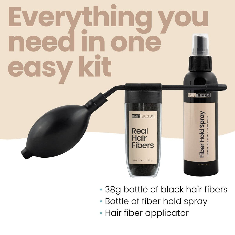 Hair Illusion full kit displaying fibers, spray, applicator and optimizer