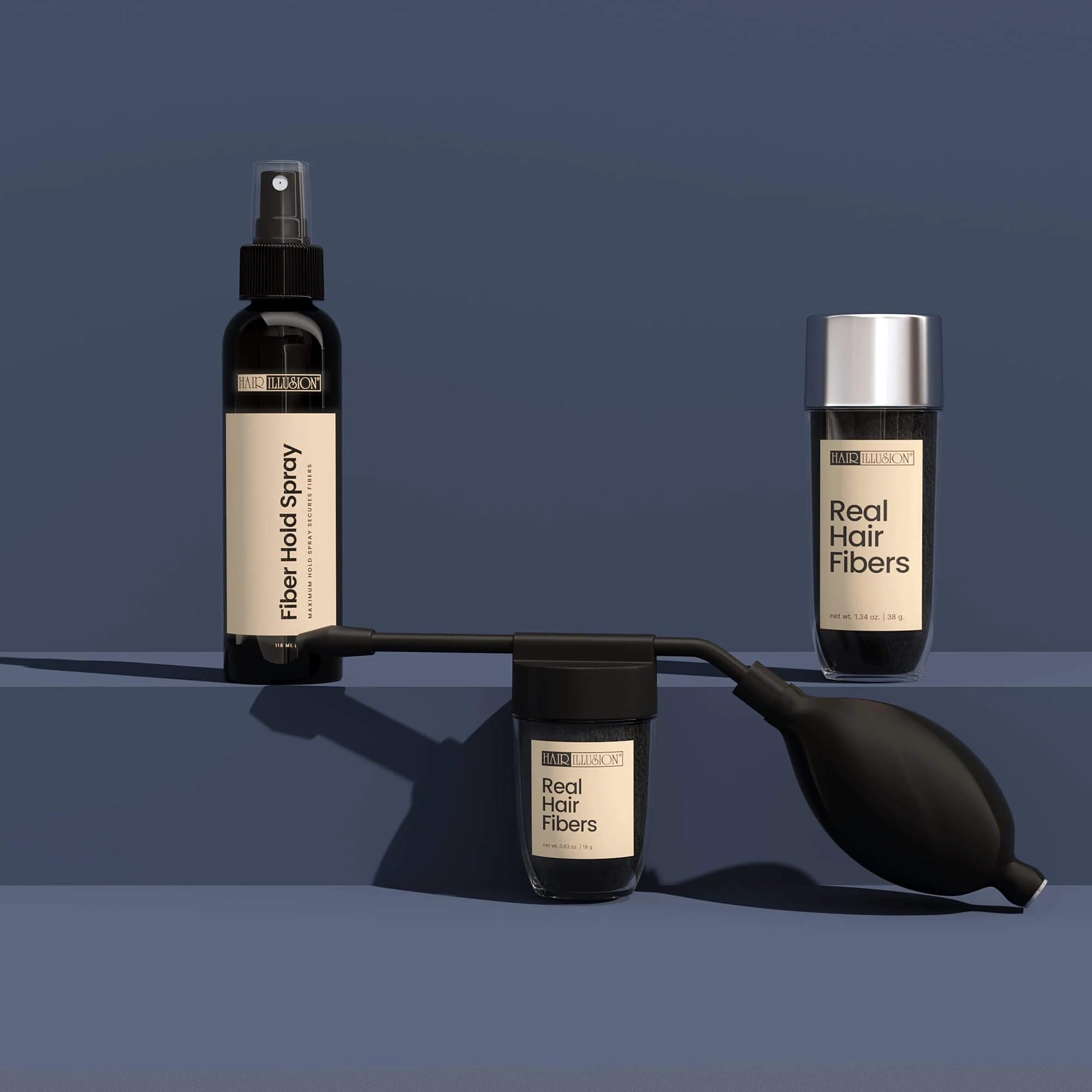 Hair Illusion hold spray shown for all-day hold without flaking