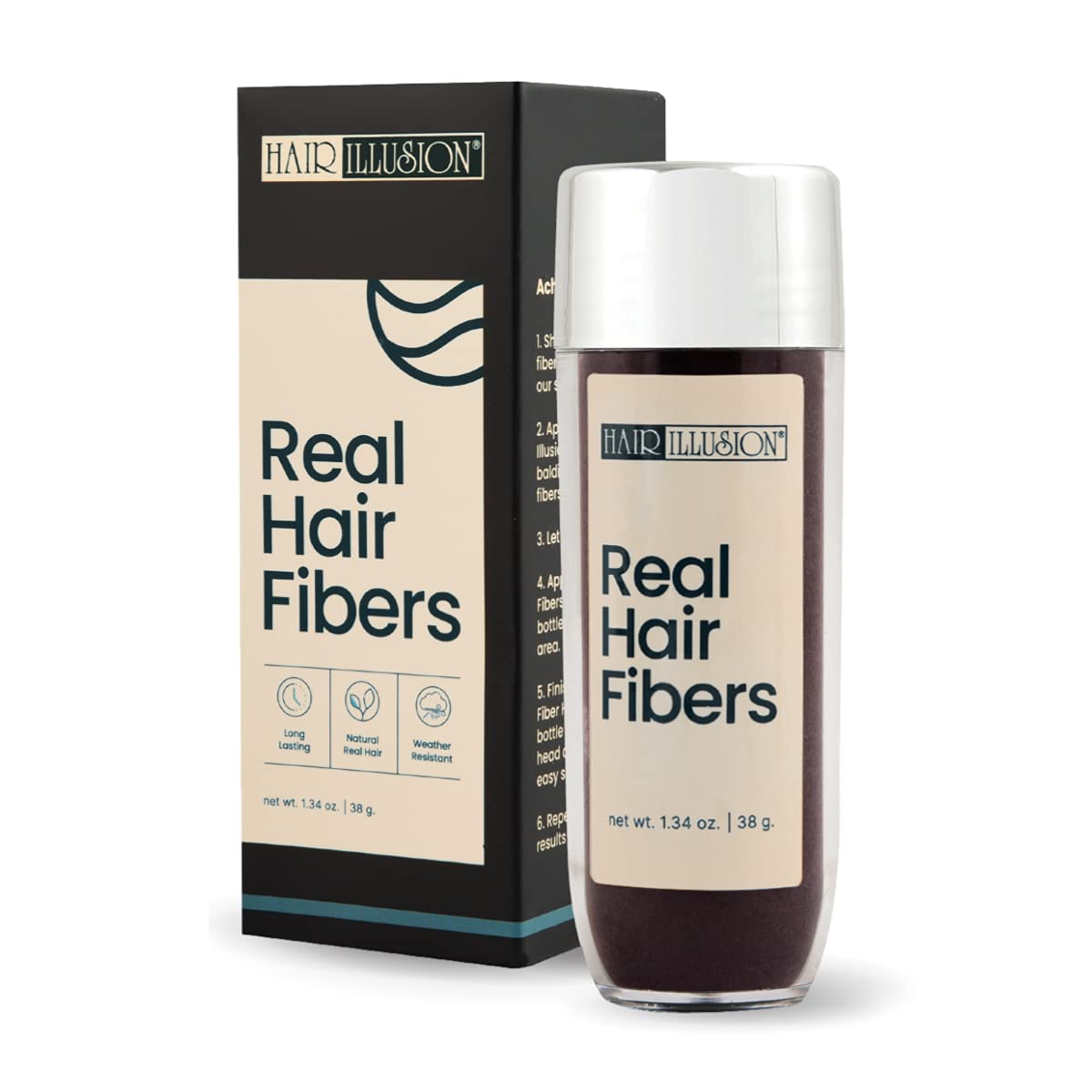 Hair Illusion dark brown bottle showing real hair fibers for fuller look.