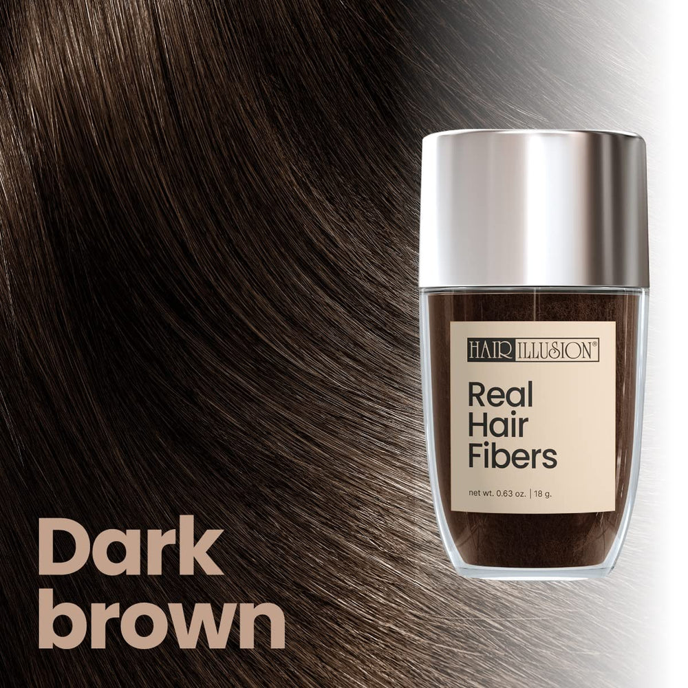 Hair Illusion dark brown fibers apply on hairline demonstrating seamless coverage