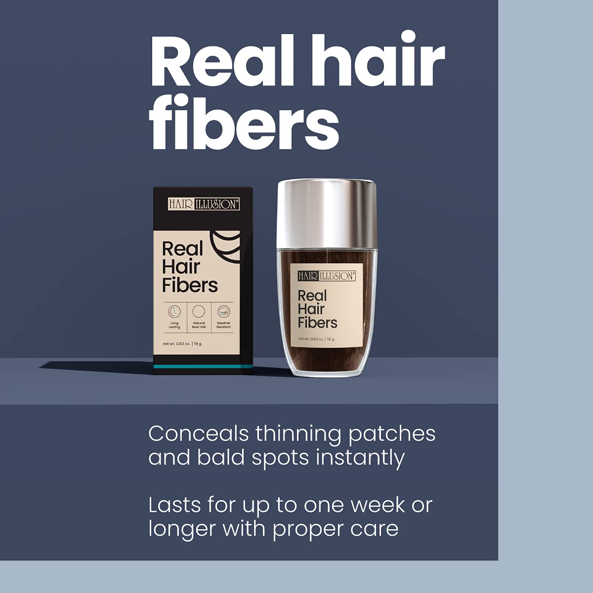 Hair Illusion dark brown fibers on a model's hair surface for realistic finish
