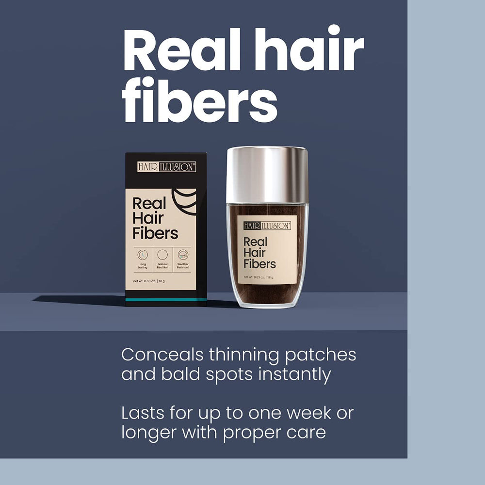 Hair Illusion dark brown fibers on a model's hair surface for realistic finish