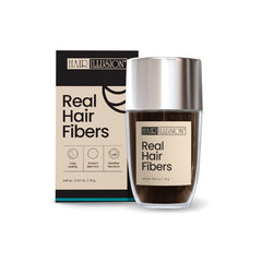 Hair Illusion dark brown fibers pack close-up showing natural blend for fuller look