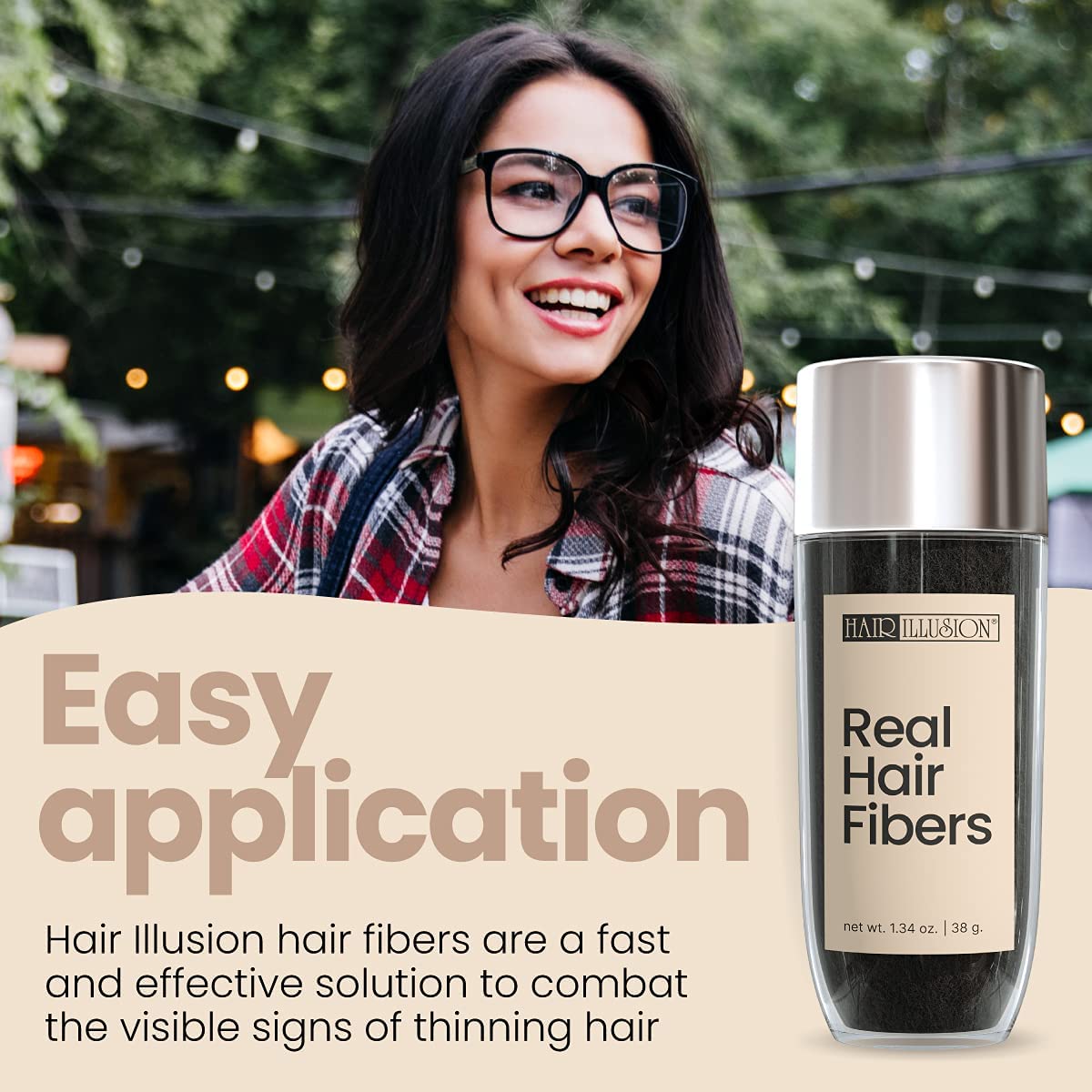 Hair Illusion natural blend fibers on part for seamless thinning coverage