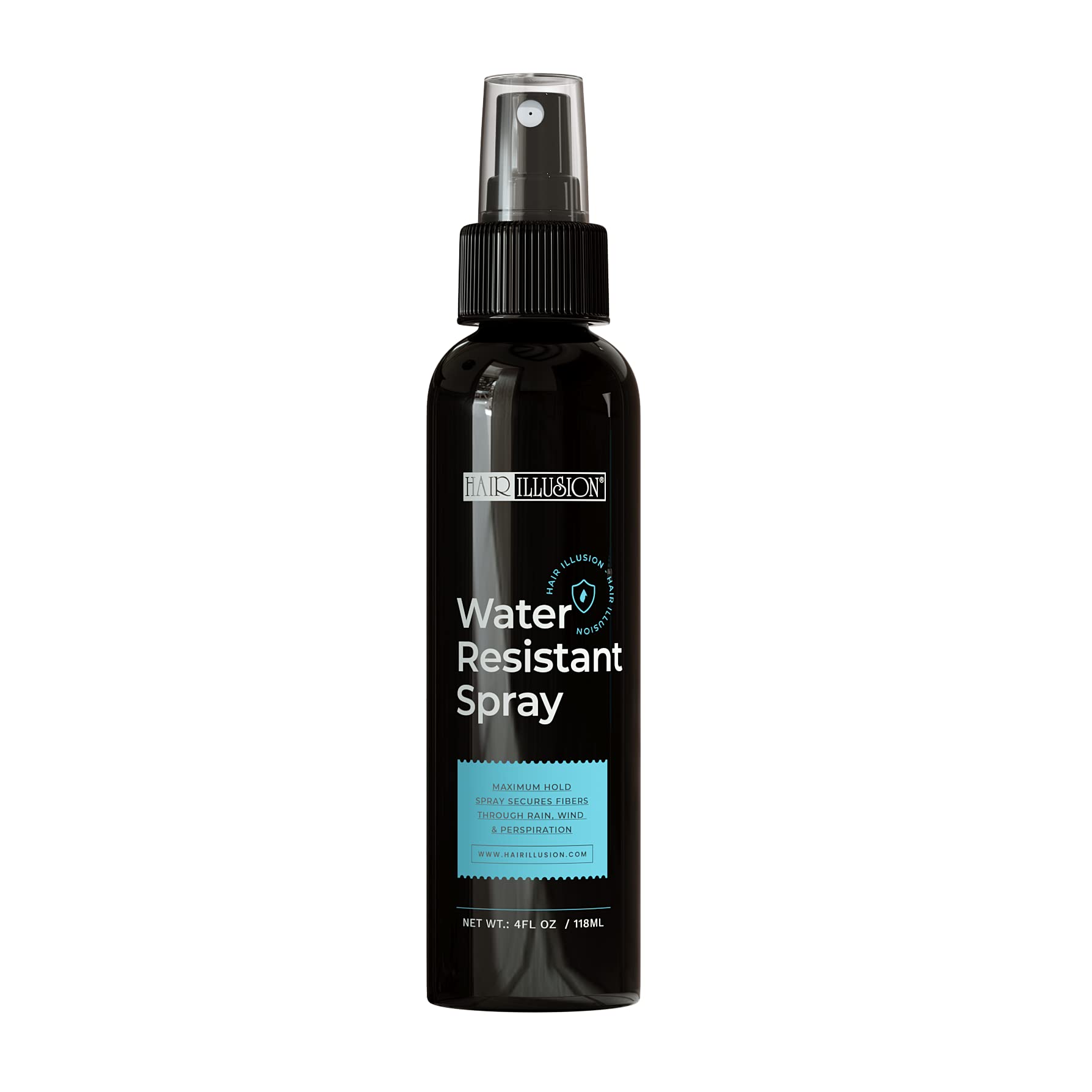Hair Illusion water-resistant spray bottle showing reliable mist for wet-weather hair